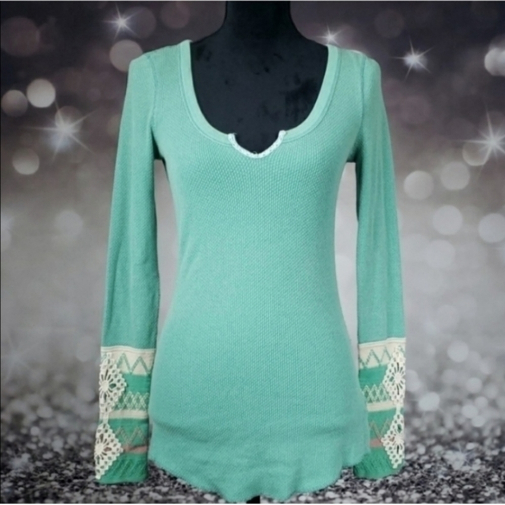 Free People Mint Green Long Sleeve Crochet Trim Thermal Tee - Picture 2 of 4
